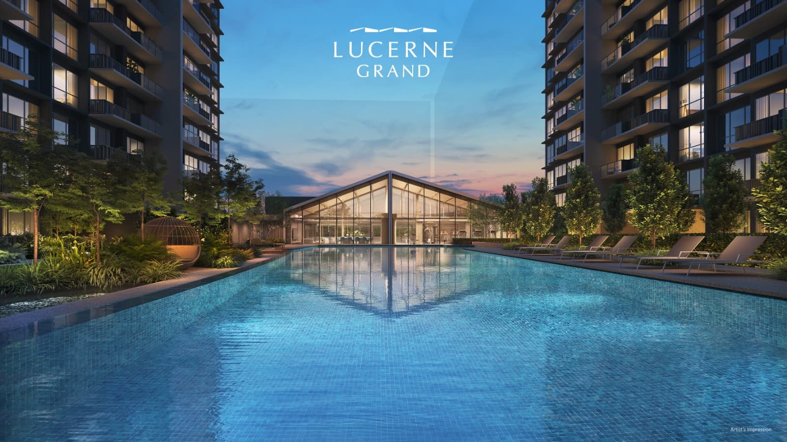 Lucerne Grand — 50m lap pool and clubhouse pavilion at dusk