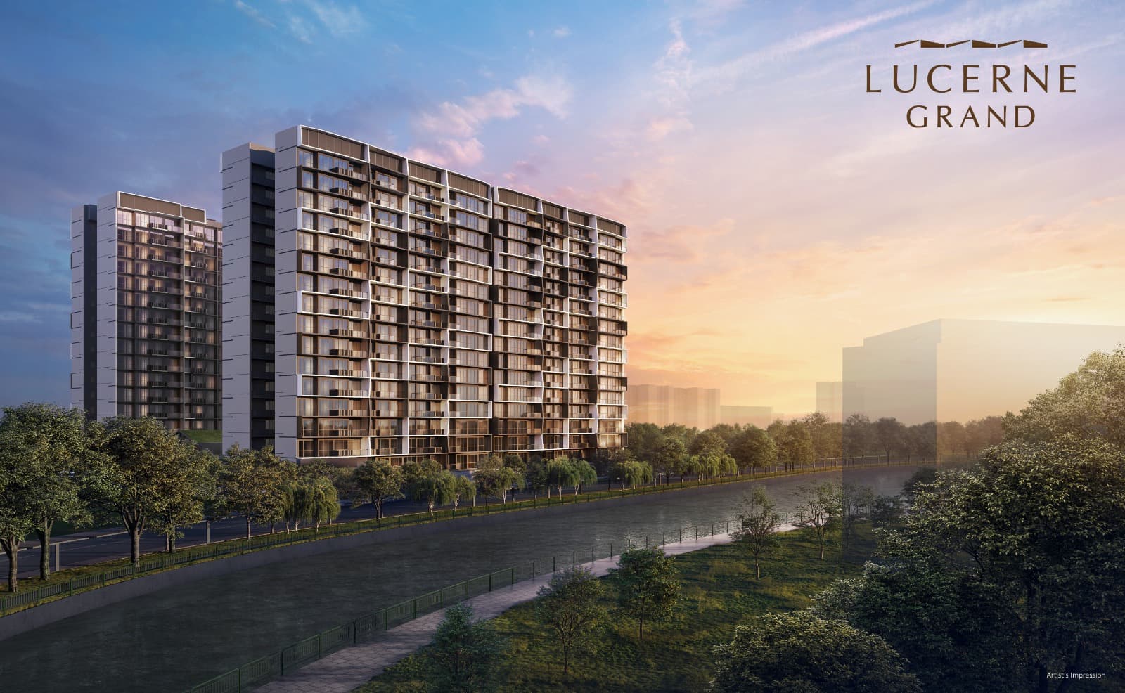 Lucerne Grand — residential towers seen across the canal and park at sunset