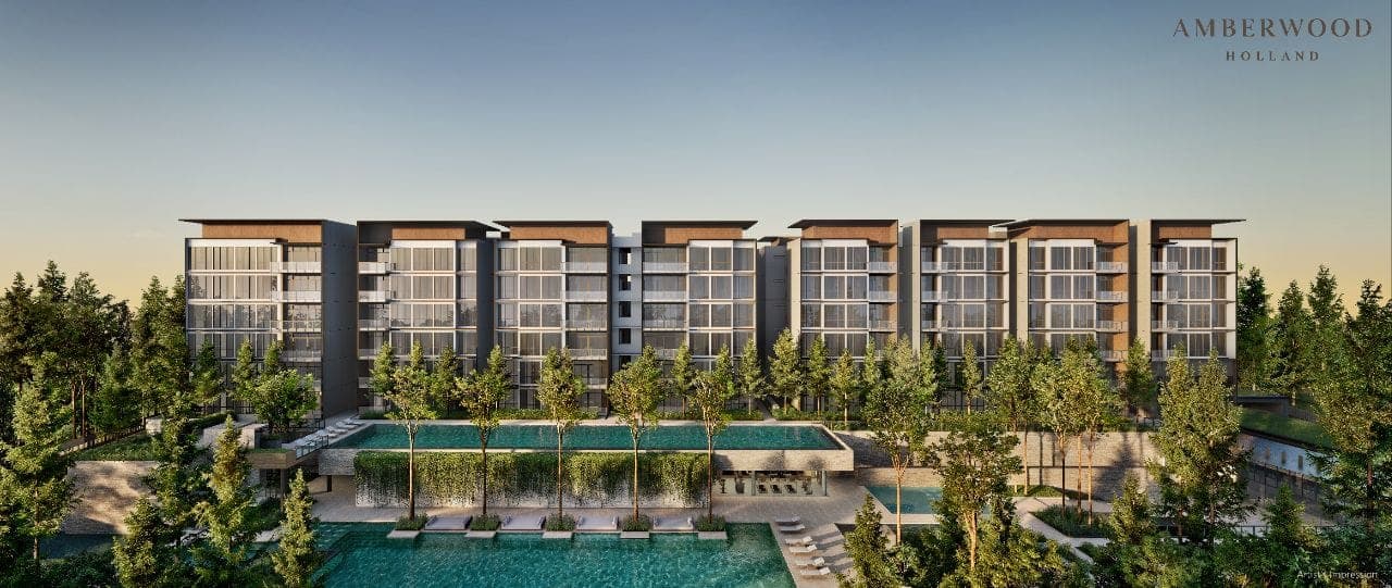 Amberwood at Holland — development elevation with pool deck at dusk